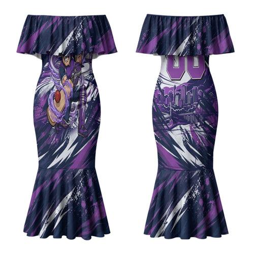 Personalised Hobart Hurricanes Cricket Fan Pride Couples Matching Mermaid Dress and Long Sleeve Button Shirt Dynamic Swirling Storm Cricket Graphic Art With Hobart Skyline
