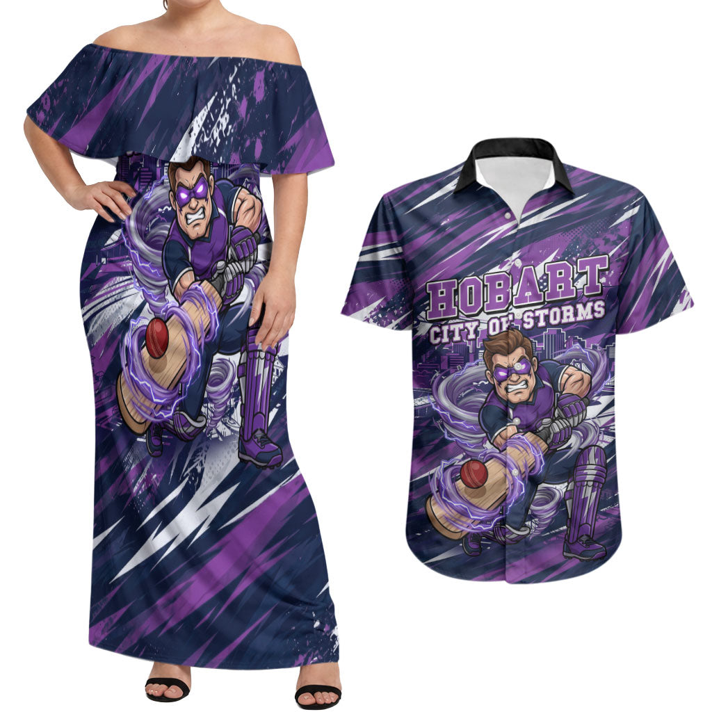 Personalised Hobart Hurricanes Cricket Fan Pride Couples Matching Off Shoulder Maxi Dress and Hawaiian Shirt Dynamic Swirling Storm Cricket Graphic Art With Hobart Skyline