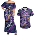 Personalised Hobart Hurricanes Cricket Fan Pride Couples Matching Off Shoulder Maxi Dress and Hawaiian Shirt Dynamic Swirling Storm Cricket Graphic Art With Hobart Skyline