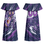 Personalised Hobart Hurricanes Cricket Fan Pride Couples Matching Off Shoulder Maxi Dress and Hawaiian Shirt Dynamic Swirling Storm Cricket Graphic Art With Hobart Skyline