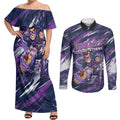 Personalised Hobart Hurricanes Cricket Fan Pride Couples Matching Off Shoulder Maxi Dress and Long Sleeve Button Shirt Dynamic Swirling Storm Cricket Graphic Art With Hobart Skyline