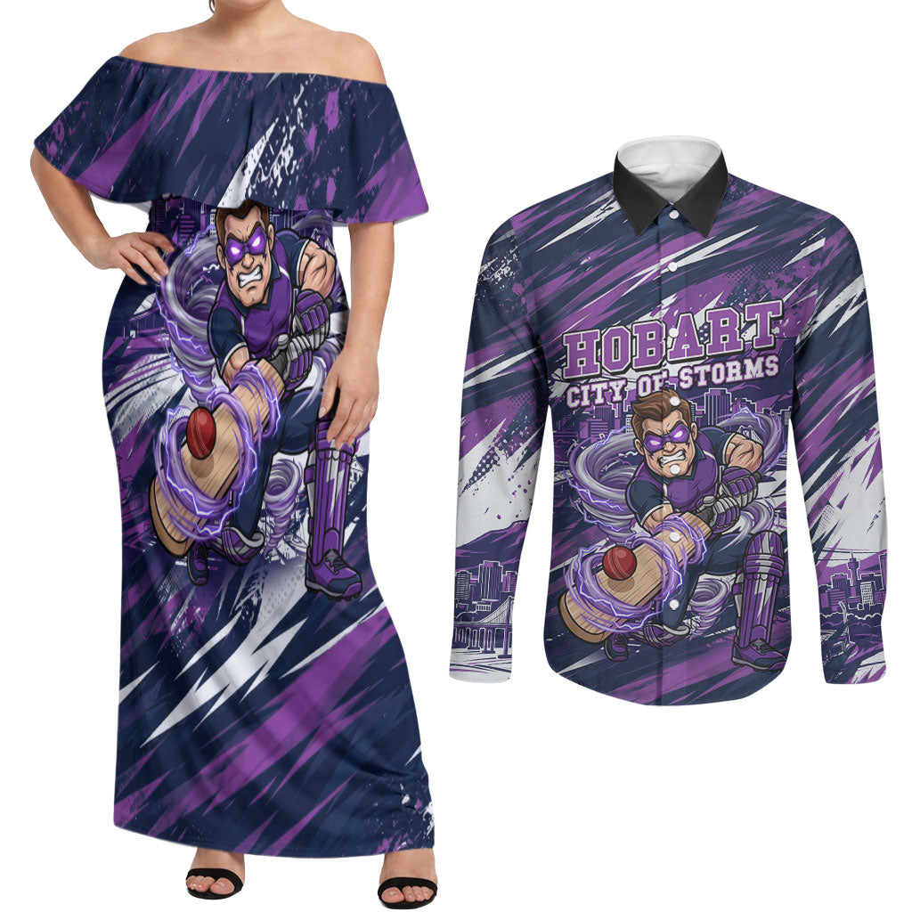 Personalised Hobart Hurricanes Cricket Fan Pride Couples Matching Off Shoulder Maxi Dress and Long Sleeve Button Shirt Dynamic Swirling Storm Cricket Graphic Art With Hobart Skyline