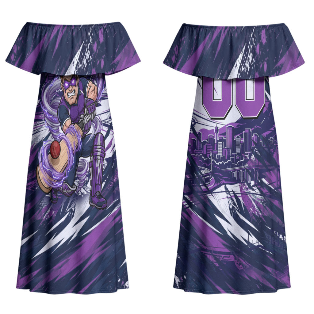 Personalised Hobart Hurricanes Cricket Fan Pride Couples Matching Off Shoulder Maxi Dress and Long Sleeve Button Shirt Dynamic Swirling Storm Cricket Graphic Art With Hobart Skyline