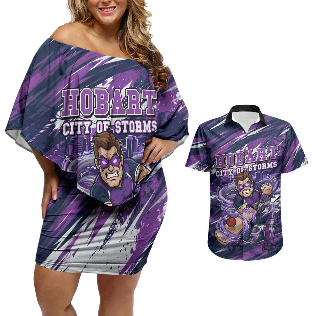 Personalised Hobart Hurricanes Cricket Fan Pride Couples Matching Off Shoulder Short Dress and Hawaiian Shirt Dynamic Swirling Storm Cricket Graphic Art With Hobart Skyline