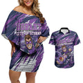 Personalised Hobart Hurricanes Cricket Fan Pride Couples Matching Off Shoulder Short Dress and Hawaiian Shirt Dynamic Swirling Storm Cricket Graphic Art With Hobart Skyline