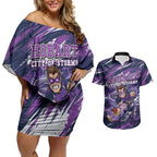 Personalised Hobart Hurricanes Cricket Fan Pride Couples Matching Off Shoulder Short Dress and Hawaiian Shirt Dynamic Swirling Storm Cricket Graphic Art With Hobart Skyline