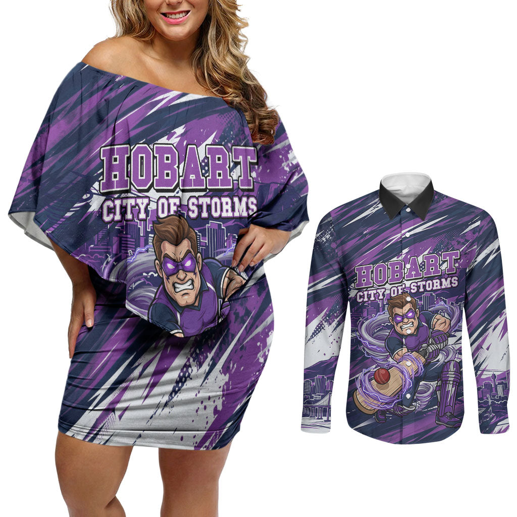Personalised Hobart Hurricanes Cricket Fan Pride Couples Matching Off Shoulder Short Dress and Long Sleeve Button Shirt Dynamic Swirling Storm Cricket Graphic Art With Hobart Skyline