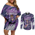 Personalised Hobart Hurricanes Cricket Fan Pride Couples Matching Off Shoulder Short Dress and Long Sleeve Button Shirt Dynamic Swirling Storm Cricket Graphic Art With Hobart Skyline