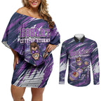 Personalised Hobart Hurricanes Cricket Fan Pride Couples Matching Off Shoulder Short Dress and Long Sleeve Button Shirt Dynamic Swirling Storm Cricket Graphic Art With Hobart Skyline