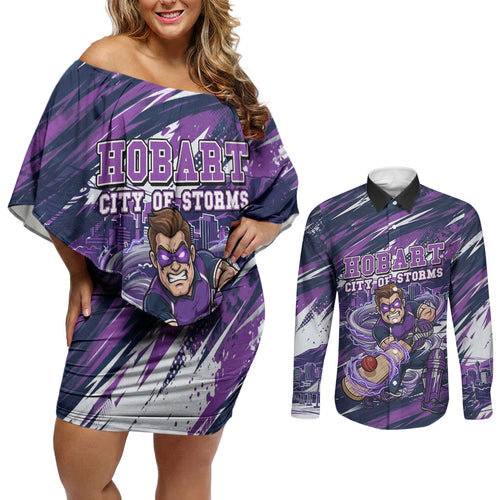 Personalised Hobart Hurricanes Cricket Fan Pride Couples Matching Off Shoulder Short Dress and Long Sleeve Button Shirt Dynamic Swirling Storm Cricket Graphic Art With Hobart Skyline