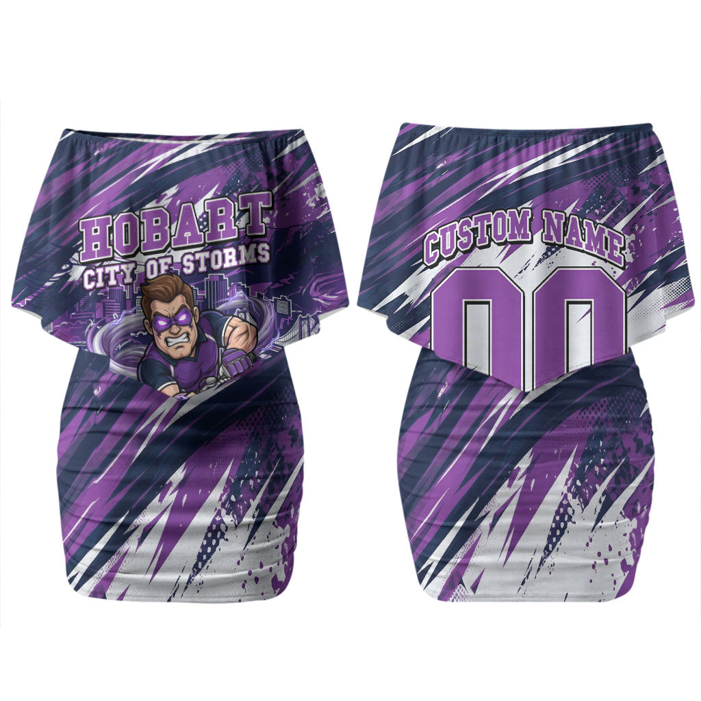 Personalised Hobart Hurricanes Cricket Fan Pride Couples Matching Off Shoulder Short Dress and Long Sleeve Button Shirt Dynamic Swirling Storm Cricket Graphic Art With Hobart Skyline