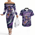Personalised Hobart Hurricanes Cricket Fan Pride Couples Matching Off The Shoulder Long Sleeve Dress and Hawaiian Shirt Dynamic Swirling Storm Cricket Graphic Art With Hobart Skyline