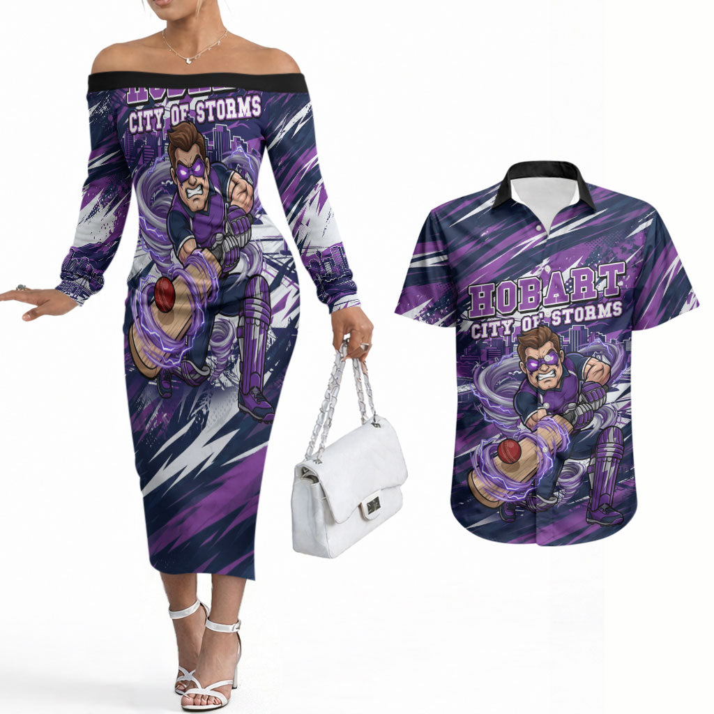 Personalised Hobart Hurricanes Cricket Fan Pride Couples Matching Off The Shoulder Long Sleeve Dress and Hawaiian Shirt Dynamic Swirling Storm Cricket Graphic Art With Hobart Skyline