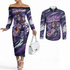Personalised Hobart Hurricanes Cricket Fan Pride Couples Matching Off The Shoulder Long Sleeve Dress and Long Sleeve Button Shirt Dynamic Swirling Storm Cricket Graphic Art With Hobart Skyline