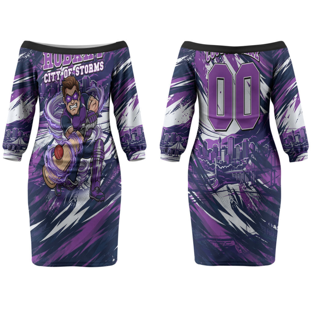 Personalised Hobart Hurricanes Cricket Fan Pride Couples Matching Off The Shoulder Long Sleeve Dress and Long Sleeve Button Shirt Dynamic Swirling Storm Cricket Graphic Art With Hobart Skyline