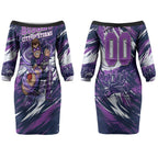 Personalised Hobart Hurricanes Cricket Fan Pride Couples Matching Off The Shoulder Long Sleeve Dress and Long Sleeve Button Shirt Dynamic Swirling Storm Cricket Graphic Art With Hobart Skyline