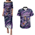 Personalised Hobart Hurricanes Cricket Fan Pride Couples Matching Puletasi and Hawaiian Shirt Dynamic Swirling Storm Cricket Graphic Art With Hobart Skyline