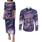Personalised Hobart Hurricanes Cricket Fan Pride Couples Matching Puletasi and Long Sleeve Button Shirt Dynamic Swirling Storm Cricket Graphic Art With Hobart Skyline