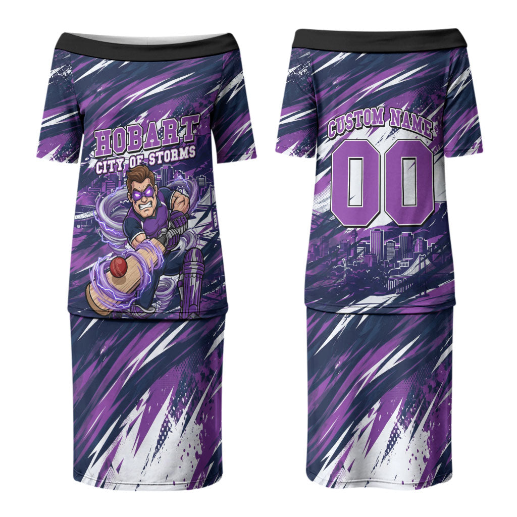 Personalised Hobart Hurricanes Cricket Fan Pride Couples Matching Puletasi and Long Sleeve Button Shirt Dynamic Swirling Storm Cricket Graphic Art With Hobart Skyline