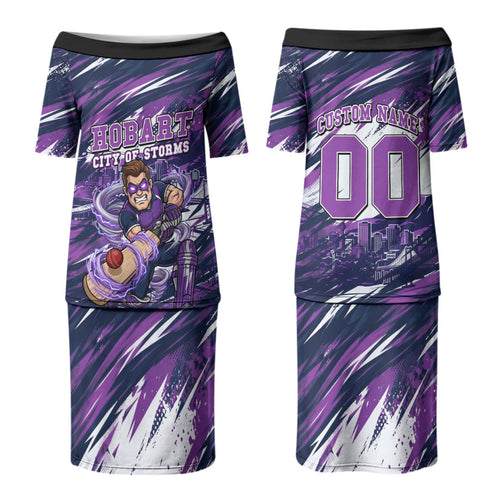 Personalised Hobart Hurricanes Cricket Fan Pride Couples Matching Puletasi and Long Sleeve Button Shirt Dynamic Swirling Storm Cricket Graphic Art With Hobart Skyline