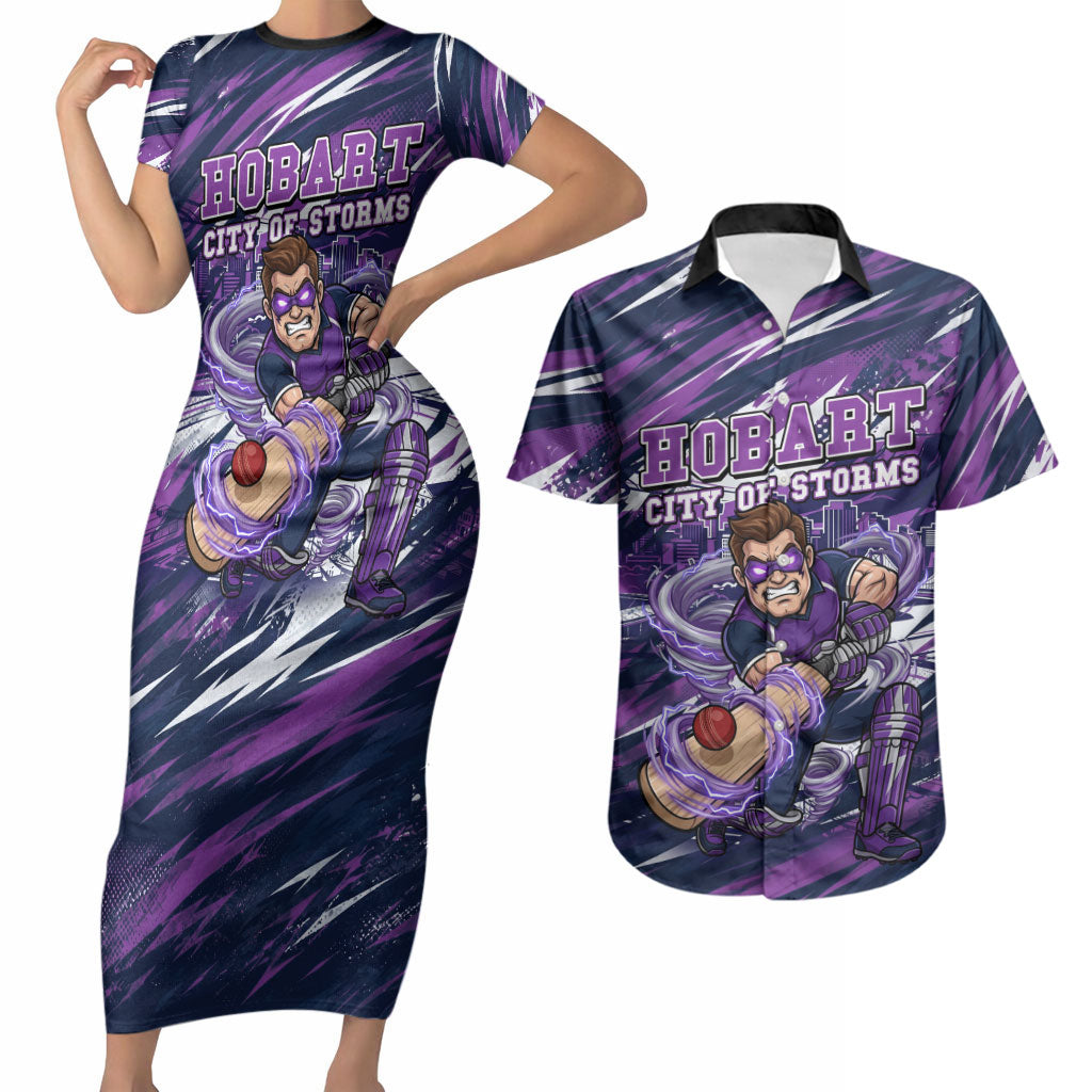 Personalised Hobart Hurricanes Cricket Fan Pride Couples Matching Short Sleeve Bodycon Dress and Hawaiian Shirt Dynamic Swirling Storm Cricket Graphic Art With Hobart Skyline