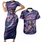Personalised Hobart Hurricanes Cricket Fan Pride Couples Matching Short Sleeve Bodycon Dress and Hawaiian Shirt Dynamic Swirling Storm Cricket Graphic Art With Hobart Skyline