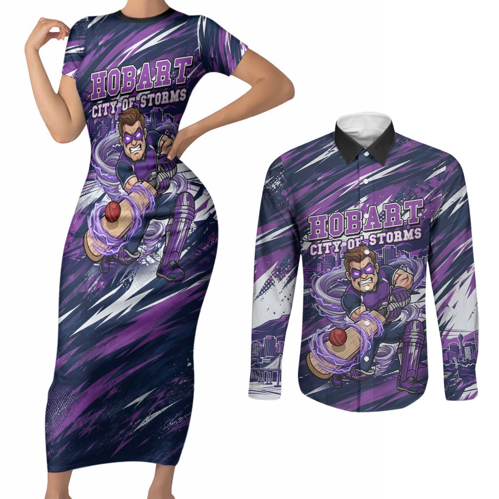 Personalised Hobart Hurricanes Cricket Fan Pride Couples Matching Short Sleeve Bodycon Dress and Long Sleeve Button Shirt Dynamic Swirling Storm Cricket Graphic Art With Hobart Skyline