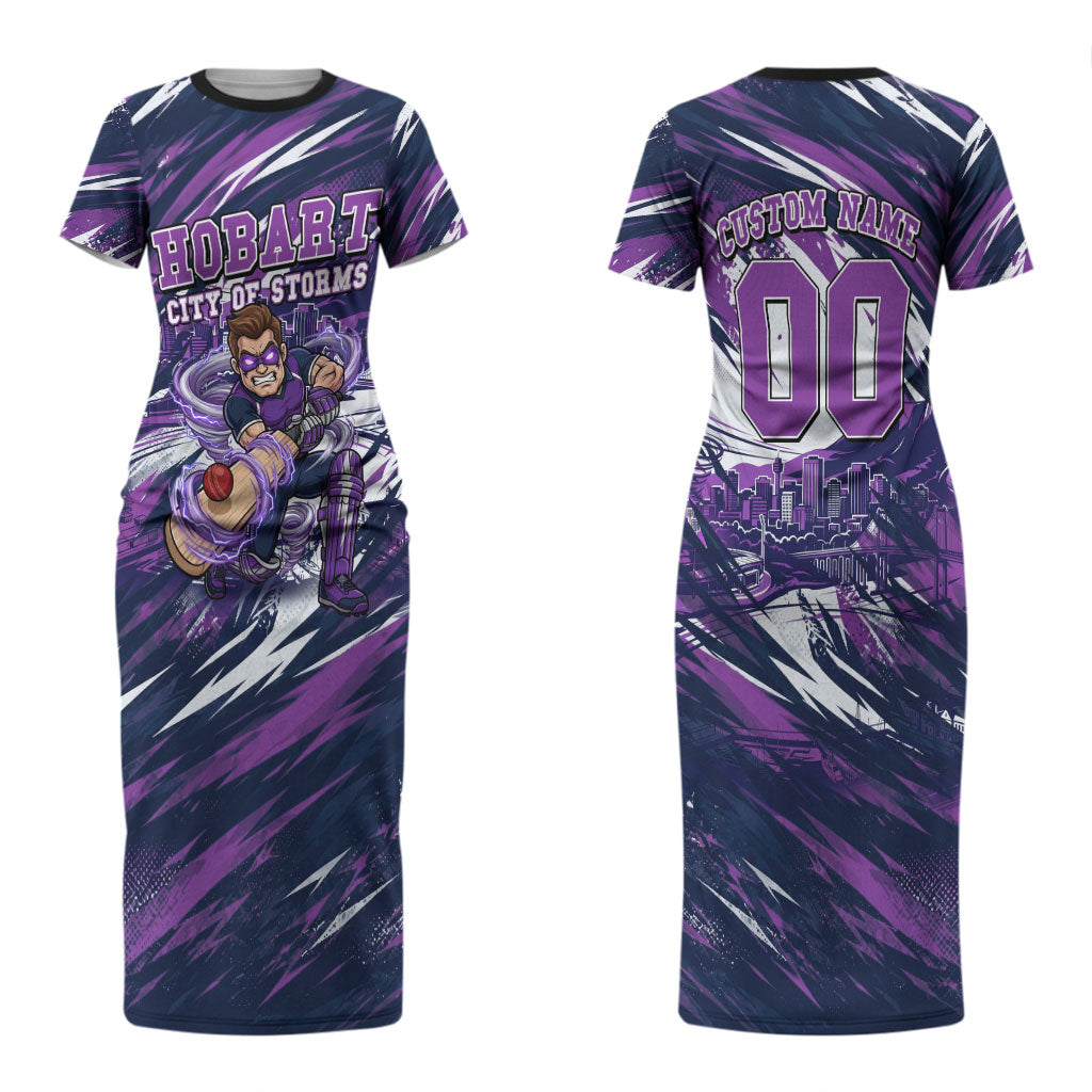 Personalised Hobart Hurricanes Cricket Fan Pride Couples Matching Short Sleeve Bodycon Dress and Long Sleeve Button Shirt Dynamic Swirling Storm Cricket Graphic Art With Hobart Skyline