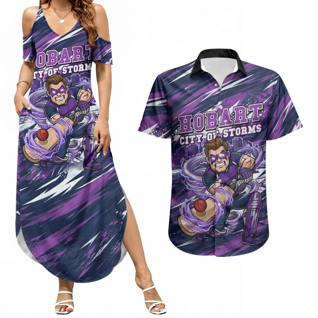 Personalised Hobart Hurricanes Cricket Fan Pride Couples Matching Summer Maxi Dress and Hawaiian Shirt Dynamic Swirling Storm Cricket Graphic Art With Hobart Skyline