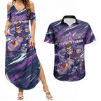 Personalised Hobart Hurricanes Cricket Fan Pride Couples Matching Summer Maxi Dress and Hawaiian Shirt Dynamic Swirling Storm Cricket Graphic Art With Hobart Skyline