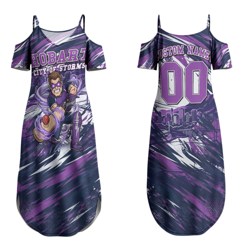 Personalised Hobart Hurricanes Cricket Fan Pride Couples Matching Summer Maxi Dress and Hawaiian Shirt Dynamic Swirling Storm Cricket Graphic Art With Hobart Skyline