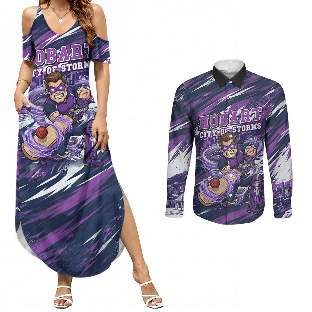 Personalised Hobart Hurricanes Cricket Fan Pride Couples Matching Summer Maxi Dress and Long Sleeve Button Shirt Dynamic Swirling Storm Cricket Graphic Art With Hobart Skyline