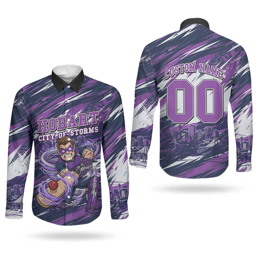 Personalised Hobart Hurricanes Cricket Fan Pride Couples Matching Summer Maxi Dress and Long Sleeve Button Shirt Dynamic Swirling Storm Cricket Graphic Art With Hobart Skyline