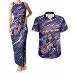 Personalised Hobart Hurricanes Cricket Fan Pride Couples Matching Tank Maxi Dress and Hawaiian Shirt Dynamic Swirling Storm Cricket Graphic Art With Hobart Skyline