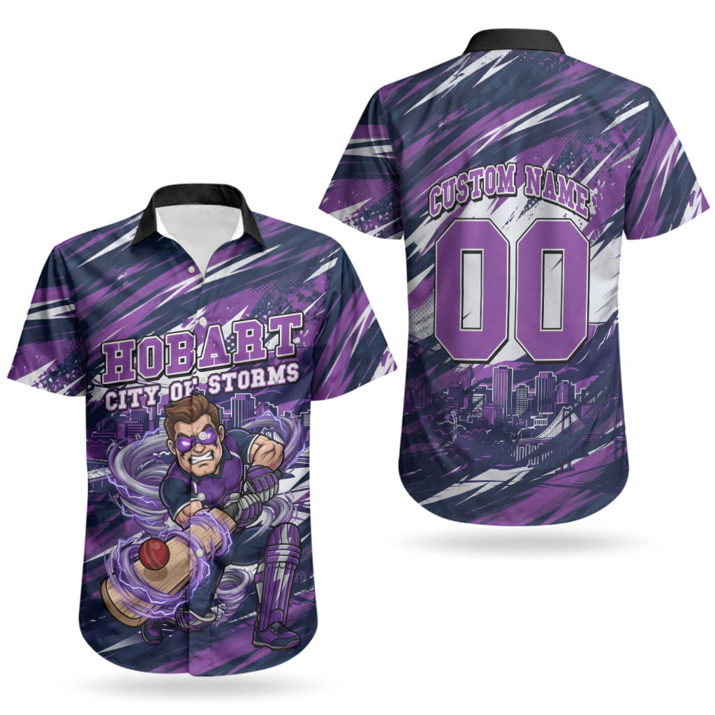 Personalised Hobart Hurricanes Cricket Fan Pride Couples Matching Tank Maxi Dress and Hawaiian Shirt Dynamic Swirling Storm Cricket Graphic Art With Hobart Skyline