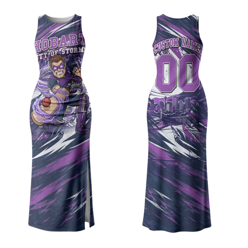 Personalised Hobart Hurricanes Cricket Fan Pride Couples Matching Tank Maxi Dress and Hawaiian Shirt Dynamic Swirling Storm Cricket Graphic Art With Hobart Skyline