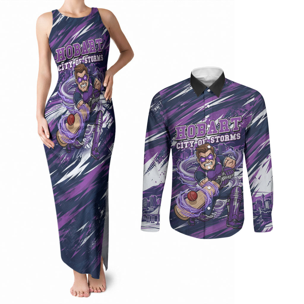 Personalised Hobart Hurricanes Cricket Fan Pride Couples Matching Tank Maxi Dress and Long Sleeve Button Shirt Dynamic Swirling Storm Cricket Graphic Art With Hobart Skyline