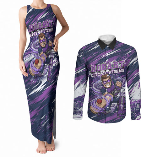 Personalised Hobart Hurricanes Cricket Fan Pride Couples Matching Tank Maxi Dress and Long Sleeve Button Shirt Dynamic Swirling Storm Cricket Graphic Art With Hobart Skyline