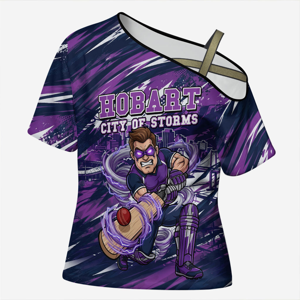 Personalised Hobart Hurricanes Cricket Fan Pride Cross Shoulder Shirt Dynamic Swirling Storm Cricket Graphic Art With Hobart Skyline