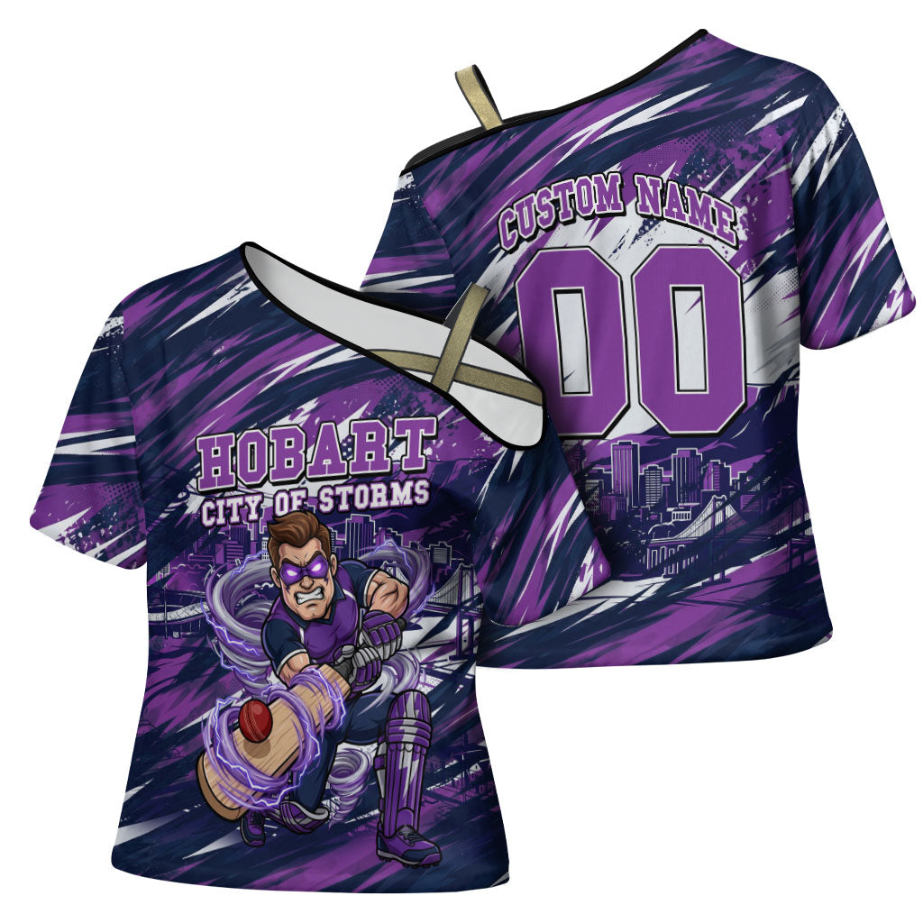 Personalised Hobart Hurricanes Cricket Fan Pride Cross Shoulder Shirt Dynamic Swirling Storm Cricket Graphic Art With Hobart Skyline