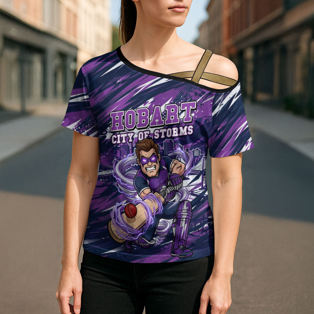 Personalised Hobart Hurricanes Cricket Fan Pride Cross Shoulder Shirt Dynamic Swirling Storm Cricket Graphic Art With Hobart Skyline