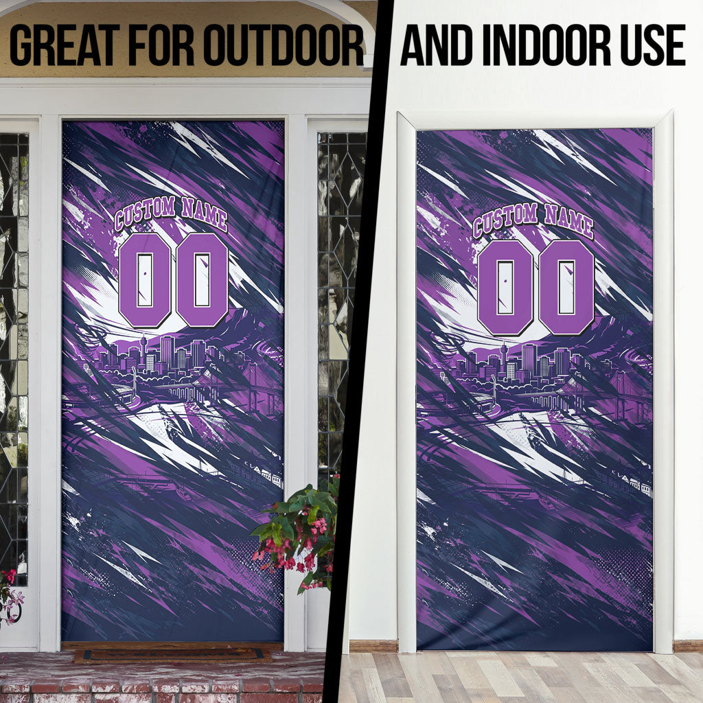 Personalised Hobart Hurricanes Cricket Fan Pride Door Cover Dynamic Swirling Storm Cricket Graphic Art With Hobart Skyline