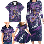 Personalised Hobart Hurricanes Cricket Fan Pride Family Matching Long Sleeve Bodycon Dress and Hawaiian Shirt Dynamic Swirling Storm Cricket Graphic Art With Hobart Skyline