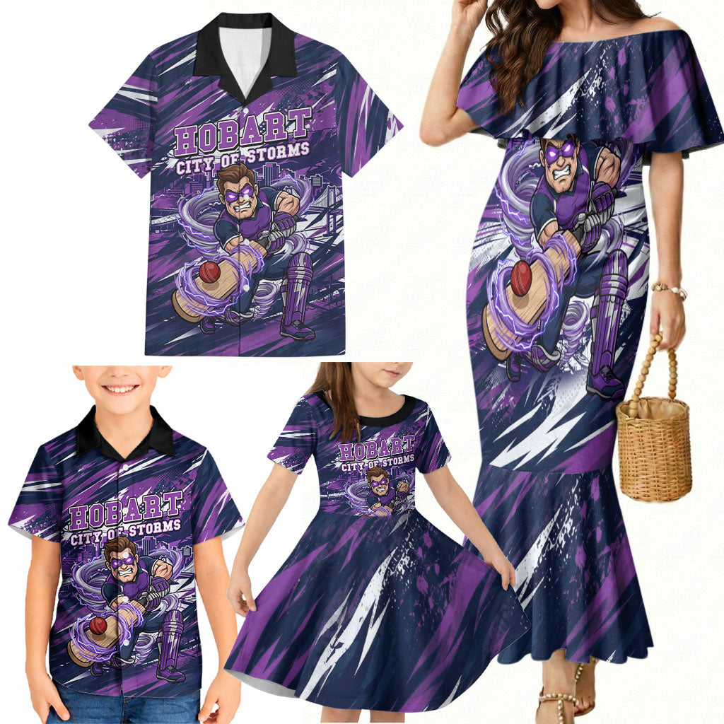Personalised Hobart Hurricanes Cricket Fan Pride Family Matching Mermaid Dress and Hawaiian Shirt Dynamic Swirling Storm Cricket Graphic Art With Hobart Skyline