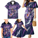 Personalised Hobart Hurricanes Cricket Fan Pride Family Matching Mermaid Dress and Hawaiian Shirt Dynamic Swirling Storm Cricket Graphic Art With Hobart Skyline