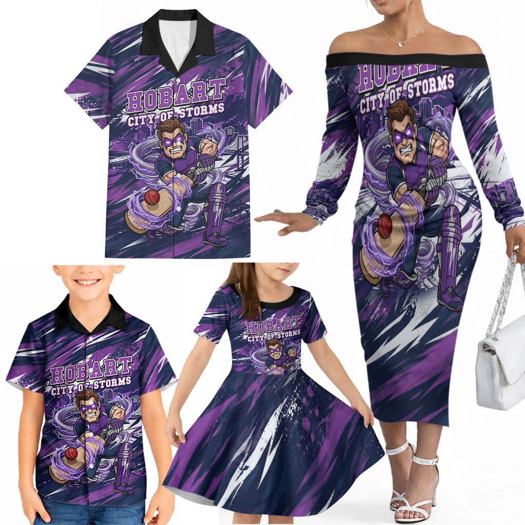 Personalised Hobart Hurricanes Cricket Fan Pride Family Matching Off The Shoulder Long Sleeve Dress and Hawaiian Shirt Dynamic Swirling Storm Cricket Graphic Art With Hobart Skyline