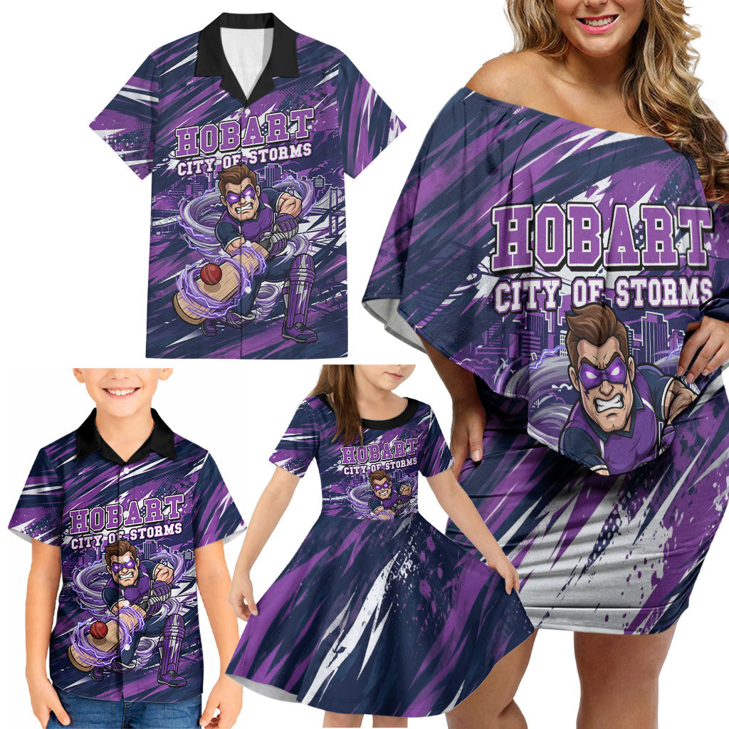 Personalised Hobart Hurricanes Cricket Fan Pride Family Matching Off Shoulder Short Dress and Hawaiian Shirt Dynamic Swirling Storm Cricket Graphic Art With Hobart Skyline