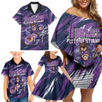 Personalised Hobart Hurricanes Cricket Fan Pride Family Matching Off Shoulder Short Dress and Hawaiian Shirt Dynamic Swirling Storm Cricket Graphic Art With Hobart Skyline