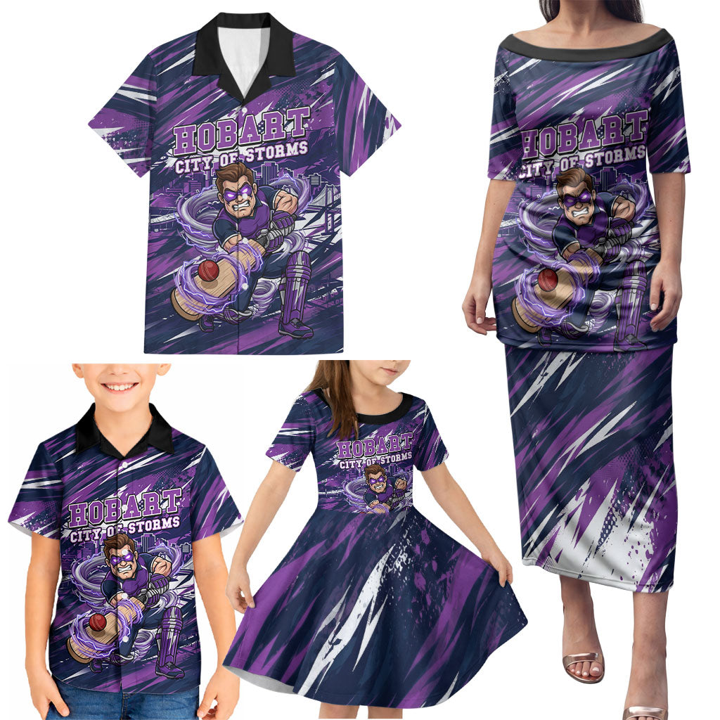 Personalised Hobart Hurricanes Cricket Fan Pride Family Matching Puletasi and Hawaiian Shirt Dynamic Swirling Storm Cricket Graphic Art With Hobart Skyline