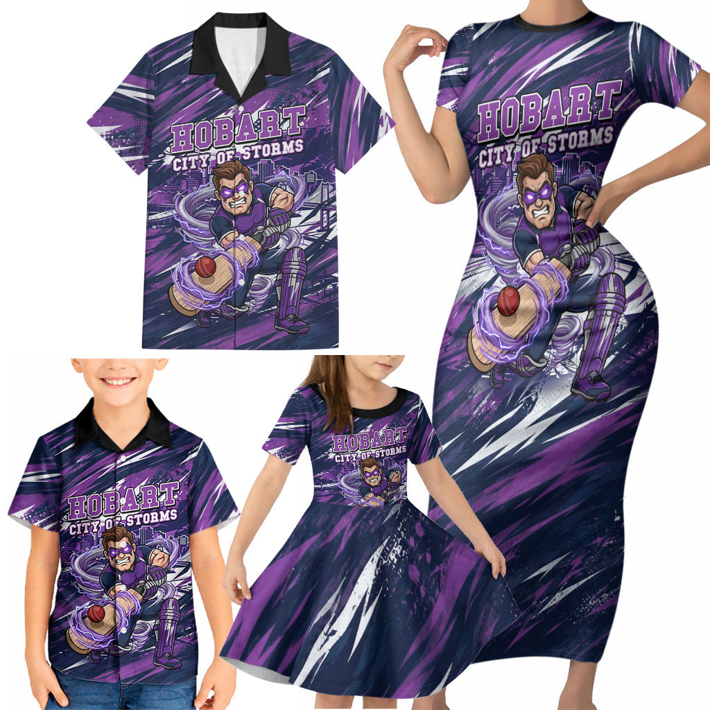 Personalised Hobart Hurricanes Cricket Fan Pride Family Matching Short Sleeve Bodycon Dress and Hawaiian Shirt Dynamic Swirling Storm Cricket Graphic Art With Hobart Skyline
